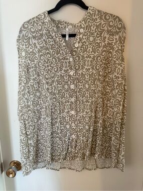 Blue Sky Clothing Co Linen Bamboo Tunic Blouse XL Beige White Boho Lagenlook